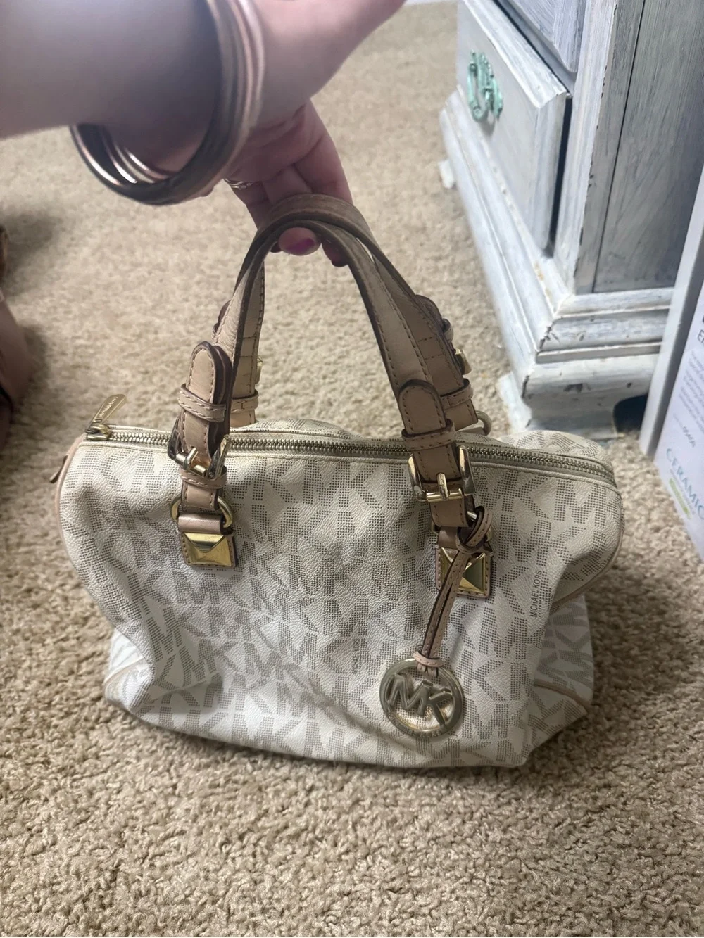 Michael Kors Cream Logo Satchel with Tan Leather Trim
